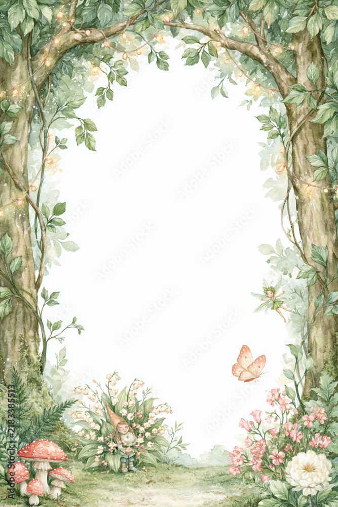 Obraz premium Enchanted woodland border forest arch fairy tale frame, magical garden path with fairy light, whimsical nature background and playful fantasy mood