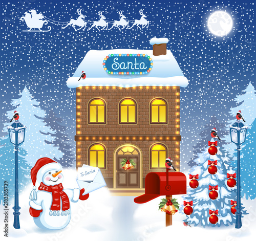 Christmas card with Santa's workshop and funny Snowman with Santa letter wishlist and mailbox against winter forest background.
