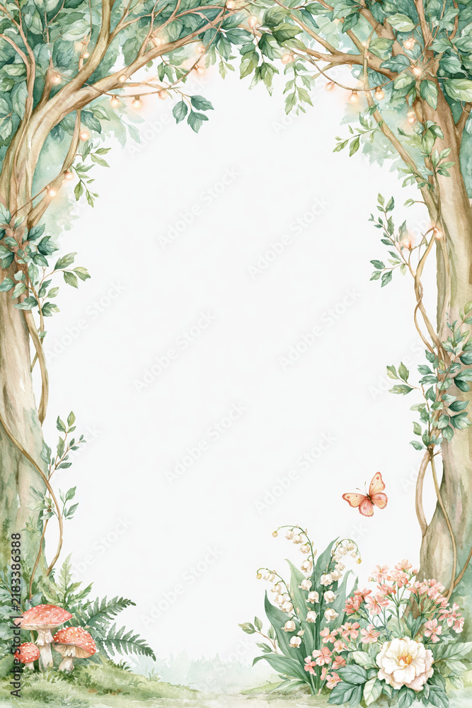 Obraz premium Enchanted woodland border with twisting tree trunk, green leaf, wildflower, mushroom, butterfly, soft watercolor fantasy illustration background for greeting card design