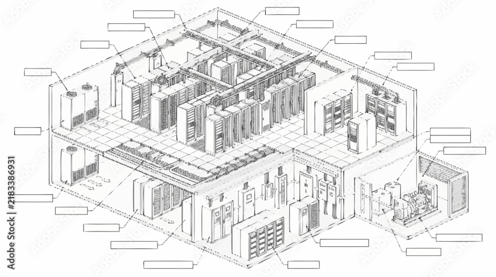 Fototapeta premium Data center infrastructure technical illustration with server racks