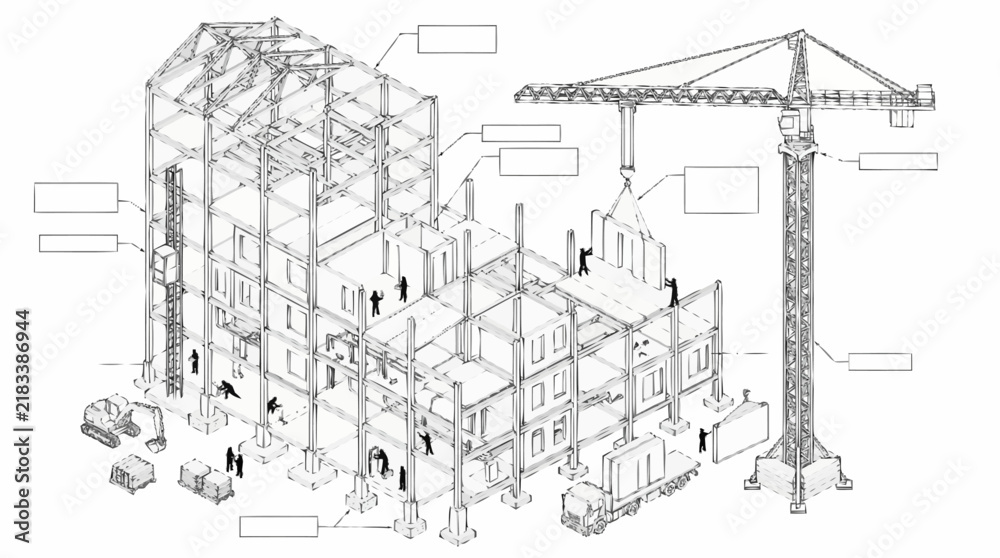 Fototapeta premium Modular building construction site with frame and tower crane