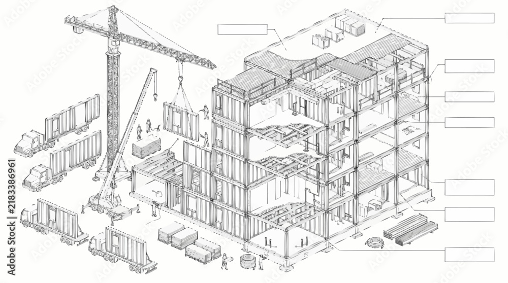 Fototapeta premium Modular building construction process with industrial machinery