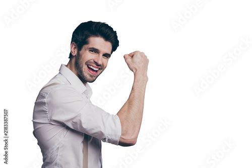 Fotografie Profile side photo of cheerful manager man feel euphoria expression win partner