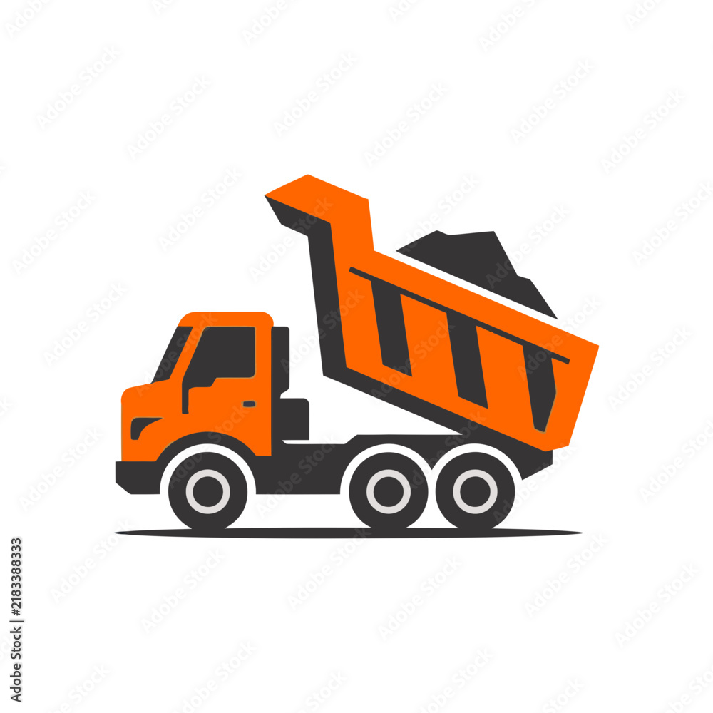 Naklejka premium yellow truck isolated, a dump truck viewed from the side, its raised orange bed filled with dark gravel
