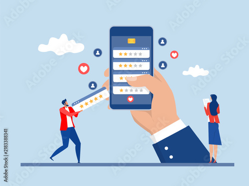 Customer feedback concept,woman use smart phone for Credit score or satisfaction measurement, customer satisfaction level emoji level. feedback star rating with good and bad emotions.