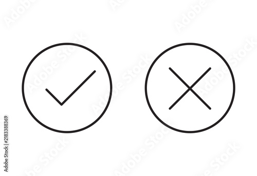 Check mark line icons set. Tick and cross mark. Checkmark and x mark. Black color. Round icons. Simple outline symbols. Vector line icons stock illustration