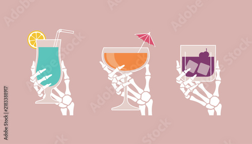 Fun Halloween themed vector illustration of three skeleton hands holding colorful cocktail glasses on a dusty pink background.