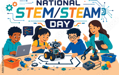 National STEM STEAM Day Illustration of Diverse Students Building Educational Robot in Engineering Workshop