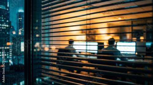 Two employees working late at computers in a dimly lit office viewed through window blinds with two people work