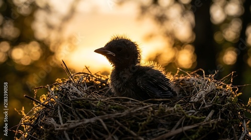 Baby bird resting in a nest during golden hour sunset