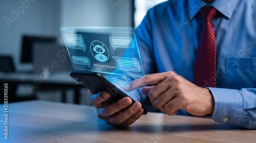 Business person using a smartphone with an artificial intelligence chatbot interface hologram in an office