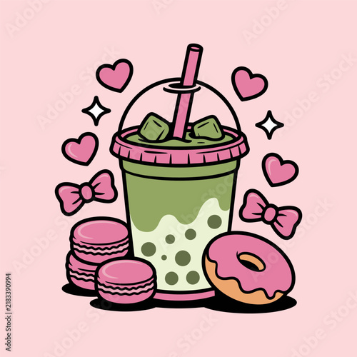 Cute Matcha Drink with Macarons and Donut Illustration