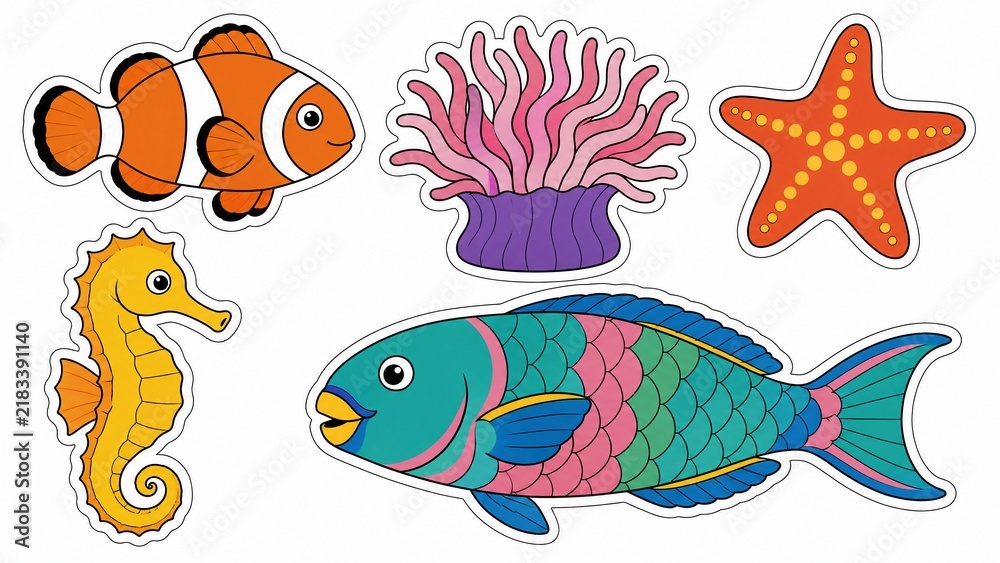 Fototapeta premium Cartoon sea creature stickers, colorful marine animal collection, clownfish seahorse starfish and anemone, isolated on white background, educational ocean life illustration