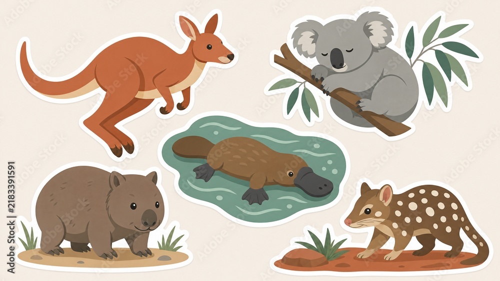 Obraz premium Australian animal sticker set, cute cartoon kangaroo, koala, wombat, platypus, and quoll illustrations, flat vector wildlife collection on beige background