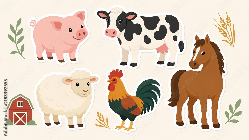 Fototapeta premium Cute farm animal sticker set, cartoon cow pig horse sheep rooster and barn illustrations, flat vector icons on beige background