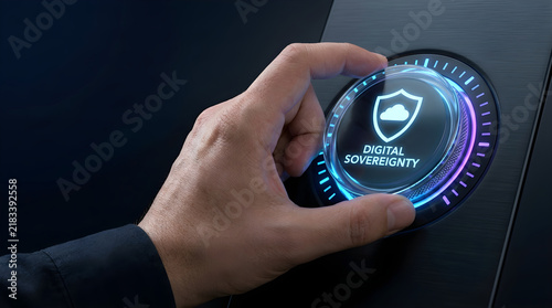 A person turning a glowing digital dial with a shield and cloud icon for data security