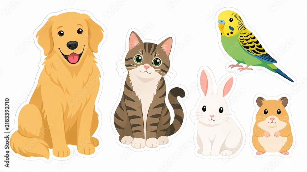 Fototapeta premium Domestic pets collection, cute golden retriever dog, tabby cat, white rabbit, hamster and parakeet bird, flat cartoon style stickers isolated on white background