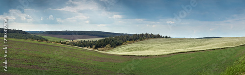 agricultural landscape with hilly terrain and diverse agricultural lands, buc...