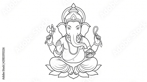 Lord ganesha drawing in black and white line art sitting on lotus