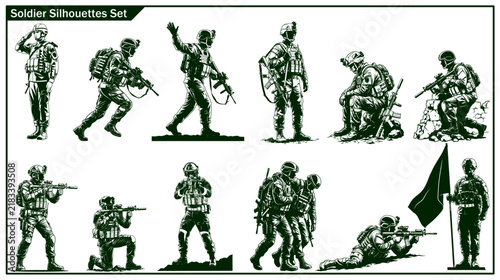 Green and black silhouette set of 12 modern military soldiers in various combat poses including standing, kneeling, aiming, crawling, and carrying flags on a white background.