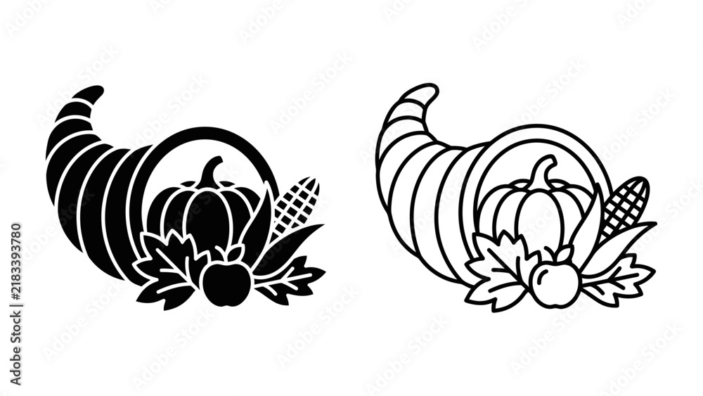 Fototapeta premium Harvest Cornucopia Icons: A black and white graphic depiction of a cornucopia, symbolizing abundance and the harvest, filled with seasonal produce like pumpkins, corn, and apples.