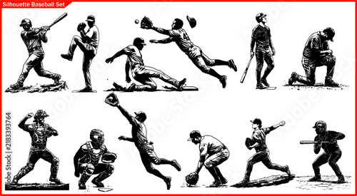 Black and white detailed silhouette set of baseball players in dynamic action poses including batting, pitching, catching, fielding, and sliding on a white background.