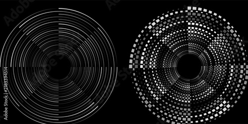 Abstract Black and White Circular Geometric Rings with Radial Halftone Dot Patterns.