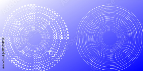 Abstract Blue and Lavender Circular Geometric Rings with Halftone and Fine Line Patterns.