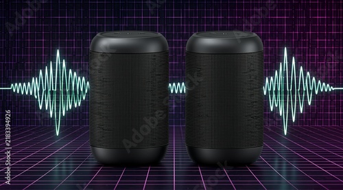 Two black wireless speakers with digital sound wave visualization on a purple neon grid background