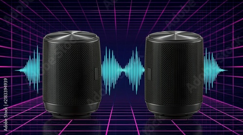 Dual Wireless Smart Speakers With Digital Sound Wave Visualization and Retro Synthwave Grid Background
