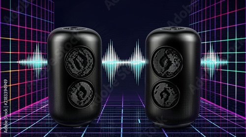 Futuristic wireless speakers with digital audio soundwave on retro synthwave neon grid background
