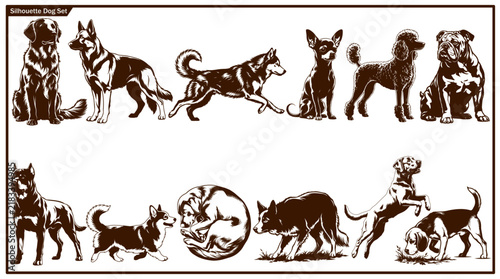 Brown and white illustrated silhouette set of various dog breeds in different poses including German Shepherd, Chihuahua, Husky, Bulldog, and Deer, on a beige background.