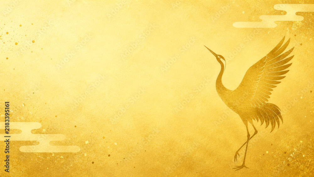 Fototapeta premium Elegant Golden Crane on Japanese Inspired Gold Background