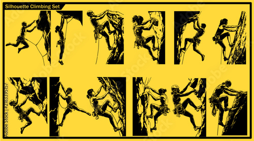Dynamic black and yellow silhouette set of 10 rock climbers in various climbing poses on cliff faces, ideal for sport, adventure, and extreme activity themed graphic design projects.