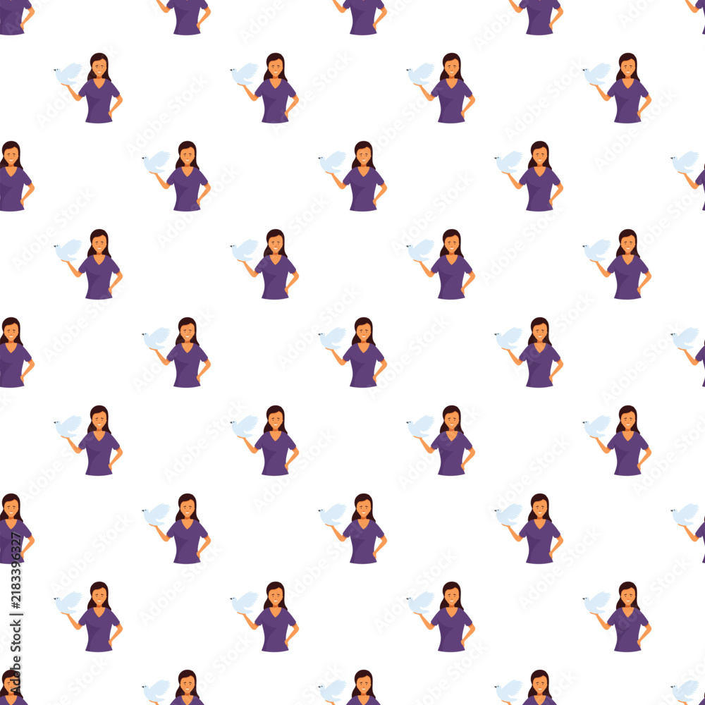 Fototapeta premium Woman holding a white dove symbolizing peace, harmony, and unity, creating a repeating pattern