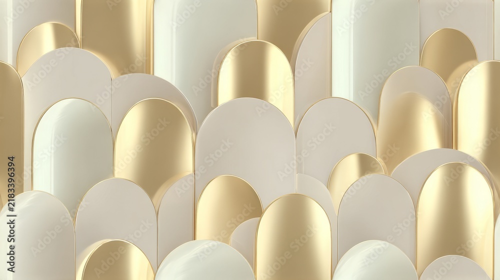 Fototapeta premium Seamless gold foil arches pattern with reflective metallic surfaces, minimalist art deco luxury design on soft beige background for modern home decor.