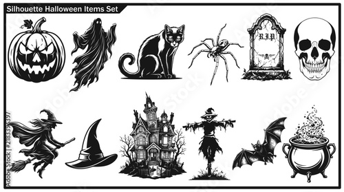Collection of black Halloween silhouette icons including pumpkin, ghost, black cat, spider, tombstone, skull, witch, haunted house, scarecrow, and cauldron on white background.