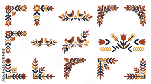 Scandinavian folk art floral borders, 12 rustic embroidery style vector corners, traditional Nordic flower and bird ornaments isolated PNG with Transparent Background  Editable EPS