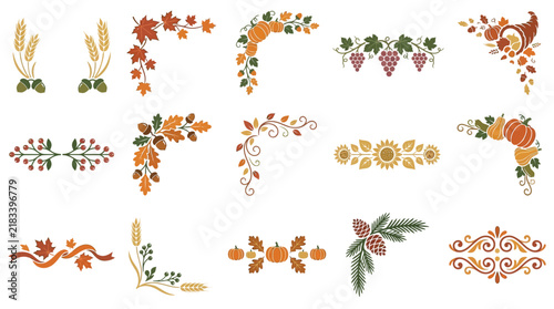 Autumn harvest decorative borders, 15 floral Thanksgiving corner elements, rustic fall foliage vector set for invitations, isolated PNG with transparent background, editable EPS