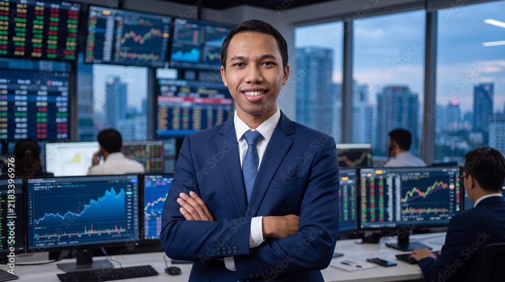 Fototapeta premium Happy young stock investor or trader, financial adviser analyzing financial trading crypto market advertising digital mobile exchange app investing finances funds