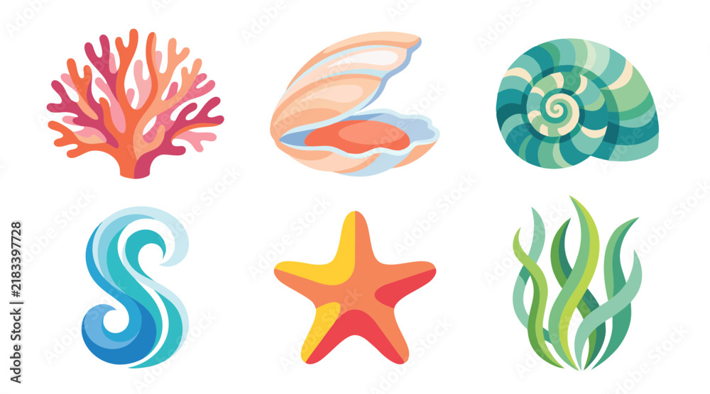 Fototapeta premium Colorful marine life set featuring stylized coral seashell snail wave starfish and kelp vector illustration design