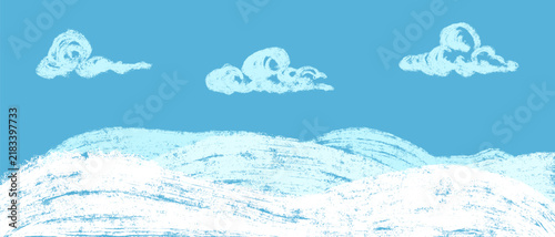 Hand drawn textured winter landscape with snowy hills under clear blue sky with fluffy clouds in pencil brush style vector background. Naive children art for book or game.