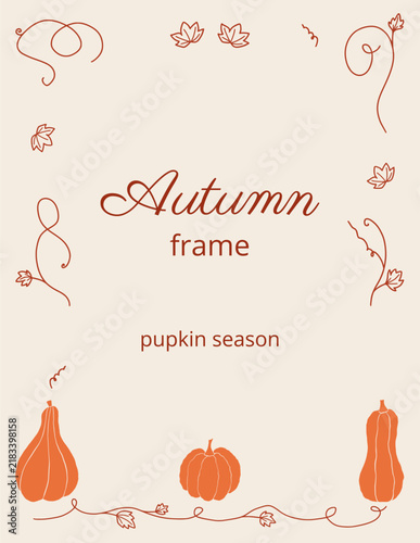 Autumn harvest border with hand drawn pumpkins and swirl vines. Vector hand drawn frame for pick-your-own farm and seasonal decoration. Thanksgiving greeting card template with fall harvest theme.
