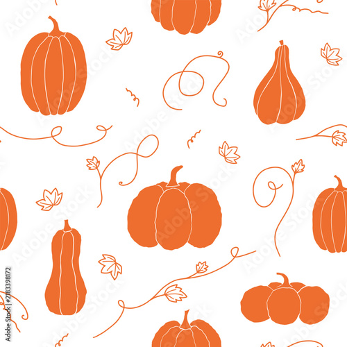 Autumn harvest seamless pattern with hand drawn pumpkins and swirl vines. Vector hand drawn background for pick-your-own farm and seasonal decoration. Wrapping paper with fall harvest theme.