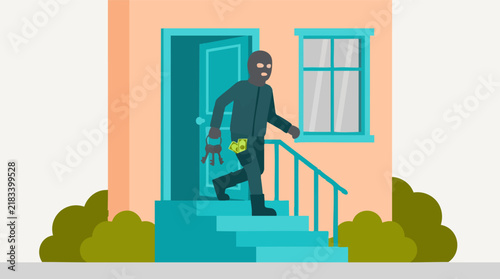 фотографія Masked burglar leaving a house with stolen keys and money, crime illustration