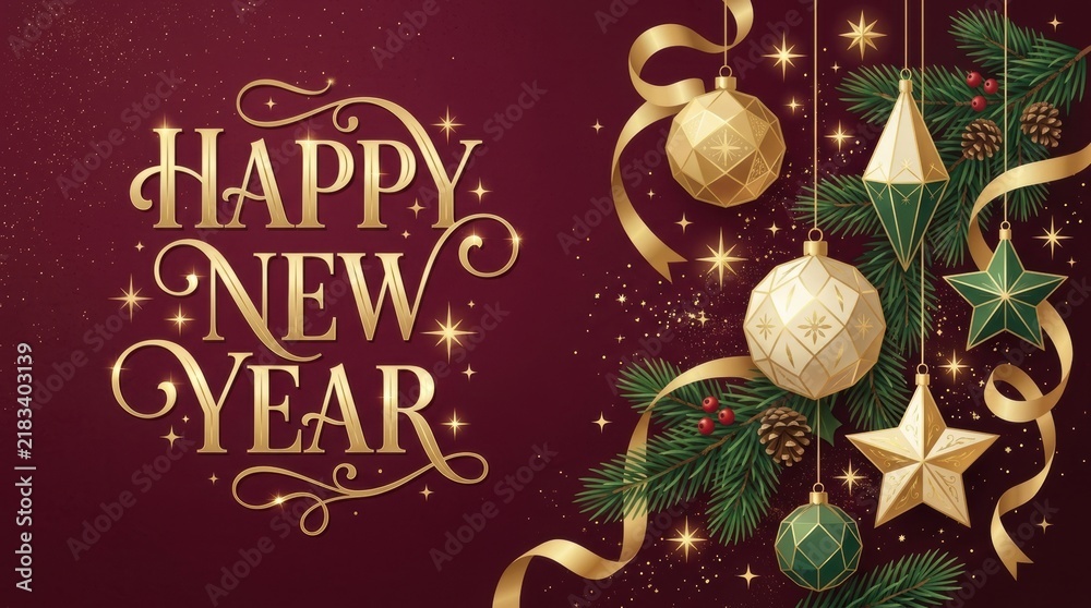 Fototapeta premium Elegant Happy New Year greeting with festive ornaments and pine branches