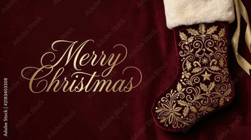 Obraz premium Elegant Merry Christmas greeting with festive stocking and gold accents