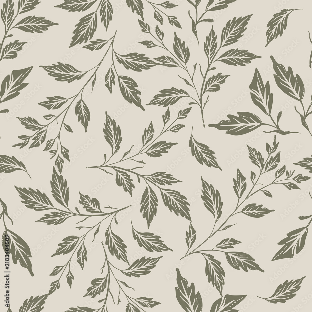 Fototapeta premium Botanical green pattern featuring scattered hand-drawn stems, lush foliage muted background.