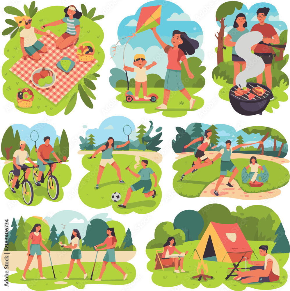 Naklejka premium People in a family park. Vector summer illustrations of a picnic in nature, biking, a child on a scooter, a family flying a kite, a barbecue with friends, playing badminton and ball, a walk, camping 