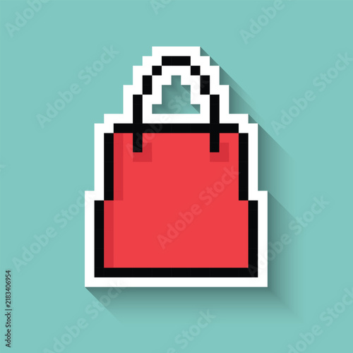 Red shopping bag pixel art icon with long shadow sticker 8 bit vector for computer game logo